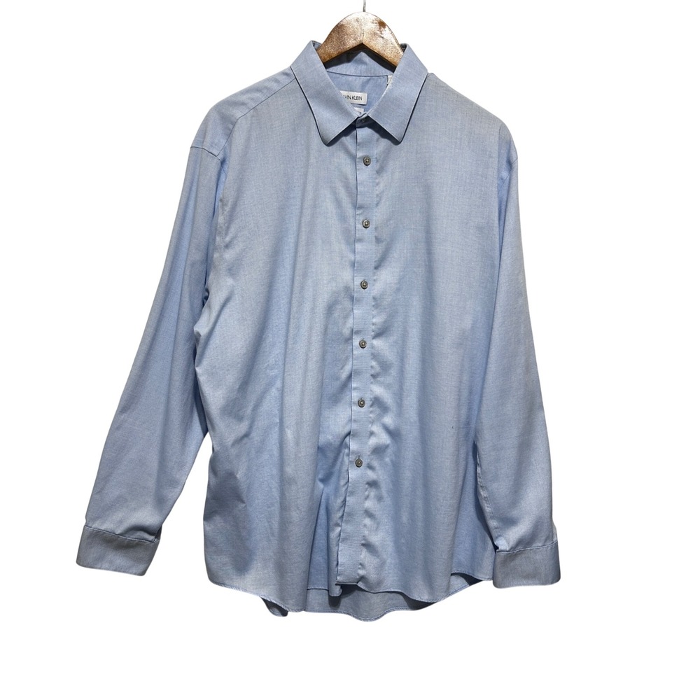 Calvin Klein Mens Business Casual Button Shirt XL Blue Steel+ Stretch Non Iron